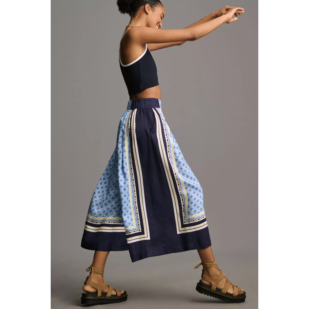 Maeve Light Blue & Navy Wide-Leg Printed Culottes - Picture 2 of 16